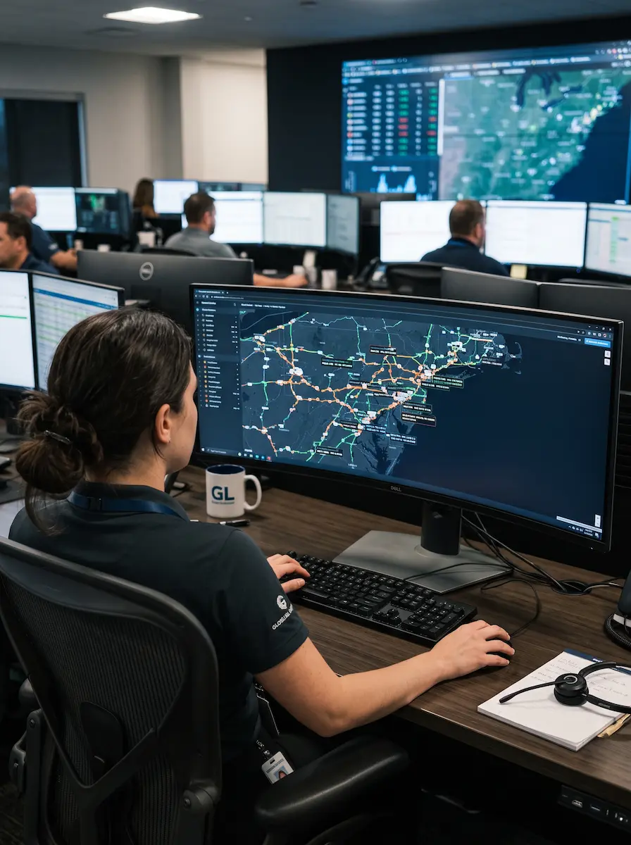 U-Track dispatcher monitoring live vehicle telemetry and advanced GPS tracking routes on a control room dashboard.