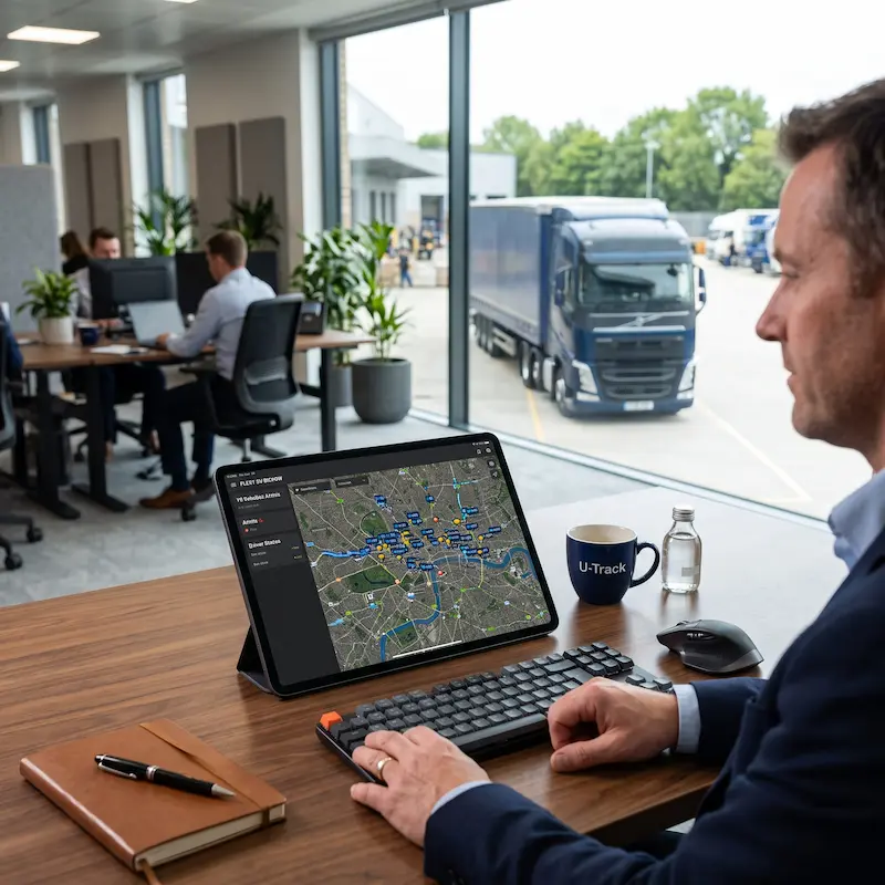 U-Track fleet manager monitoring cost-effective asset tracking software on a tablet to reduce operational overhead.