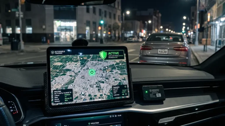 Best car GPS tracker in Pakistan displaying live satellite tracking and anti-theft telemetry.