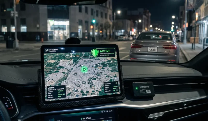 Best car GPS tracker in Pakistan displaying live satellite tracking and anti-theft telemetry.
