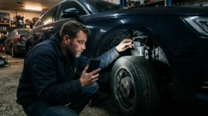 A person using a flashlight to find a hidden GPS tracker on a car's wheel well.