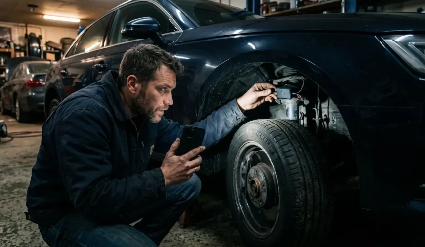 A person using a flashlight to find a hidden GPS tracker on a car's wheel well.