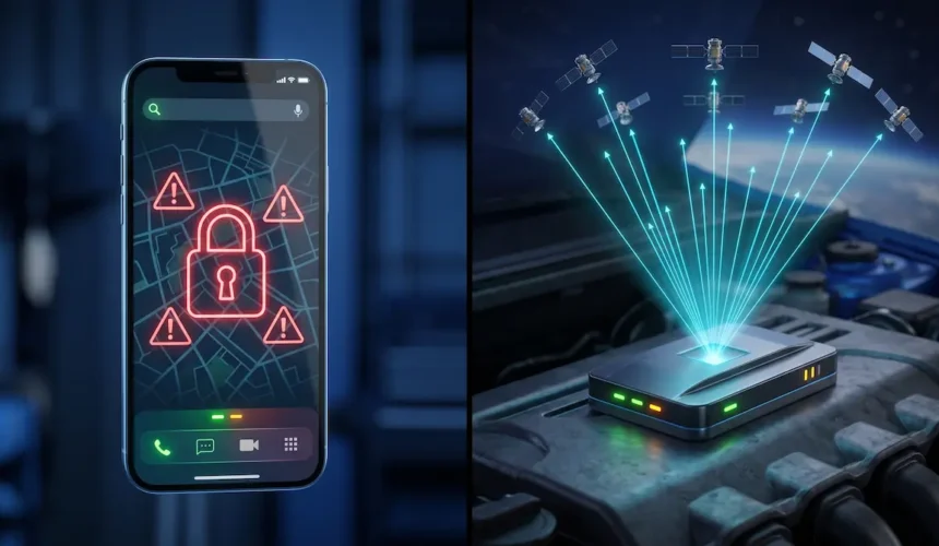 Conceptual illustration showing an online phone number tracker scam contrasted against real-time satellite GPS telematics in Pakistan.