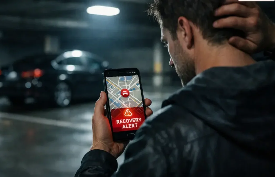 A car owner using a mobile app live GPS tracking map to track a stolen car in Pakistan.