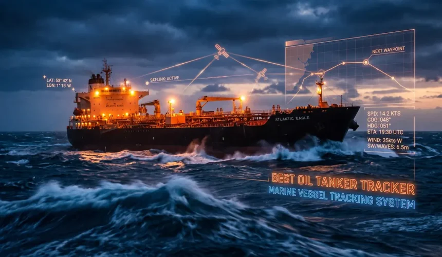 A cinematic photograph of a large oil tanker tracking system with high blue and orange contrast.