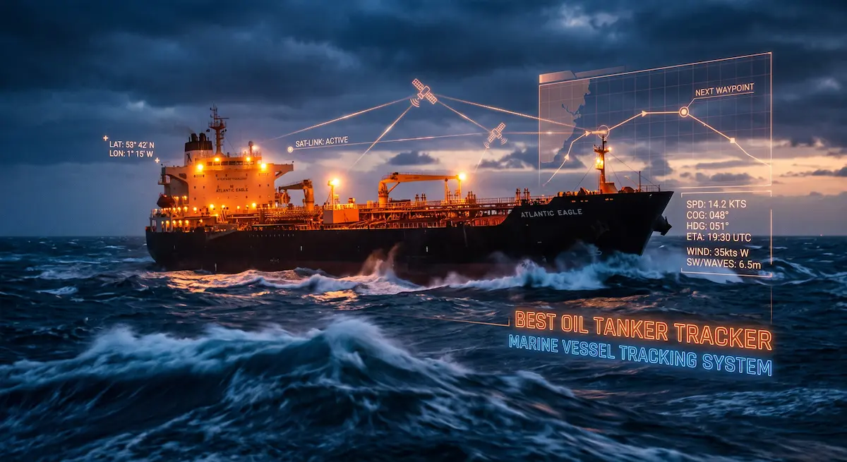 A cinematic photograph of a large oil tanker tracking system with high blue and orange contrast.