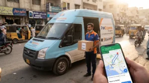 PK DEX delivery van and courier holding parcel with live GPS fleet route on smartphone