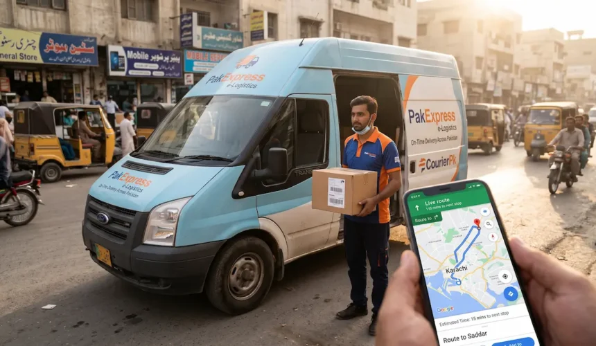PK DEX delivery van and courier holding parcel with live GPS fleet route on smartphone