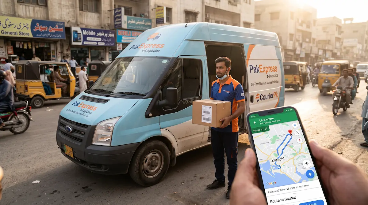 PK DEX delivery van and courier holding parcel with live GPS fleet route on smartphone