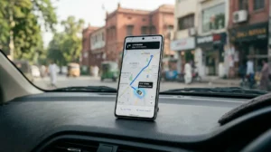 Smartphone showing real-time GPS car tracking app on a car dashboard in Pakistan