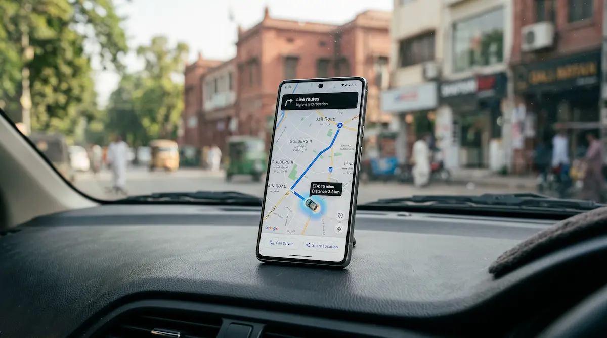 Smartphone showing real-time GPS car tracking app on a car dashboard in Pakistan
