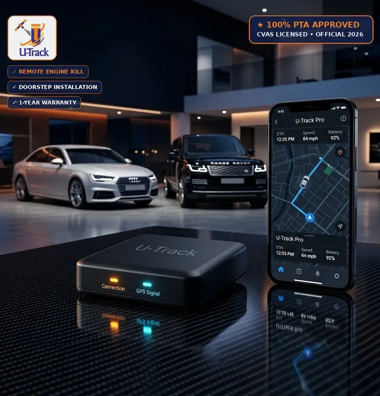 UTrack Executive Car GPS Tracker Package with mobile remote engine shutoff and PTA approved live telematics in Pakistan