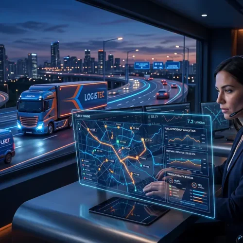 A futuristic digital dashboard displaying live GPS tracking data and fuel analytics for commercial logistics vehicles, representing the best fleet management software in Pakistan.