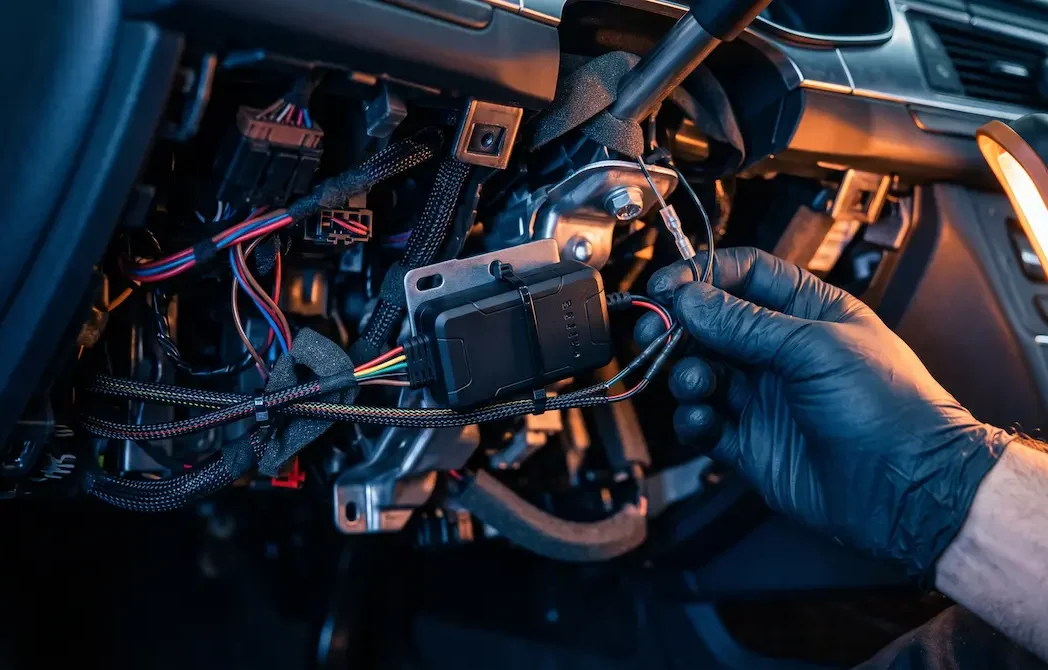 A small, wired U-Track GPS tracker being discreetly installed under a car dashboard, showcasing secure vehicle tracking in Pakistan.