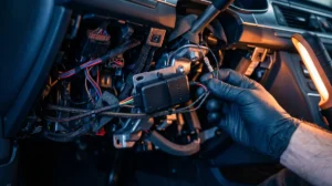 A small, wired U-Track GPS tracker being discreetly installed under a car dashboard, showcasing secure vehicle tracking in Pakistan.