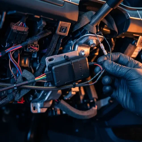 A small, wired U-Track GPS tracker being discreetly installed under a car dashboard, showcasing secure vehicle tracking in Pakistan.