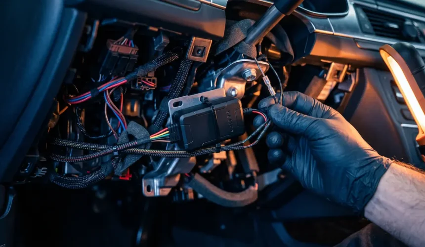 A small, wired U-Track GPS tracker being discreetly installed under a car dashboard, showcasing secure vehicle tracking in Pakistan.