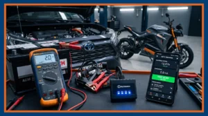 Digital multimeter measuring low parasitic draw with smart GPS tracker and vehicle battery in Pakistan