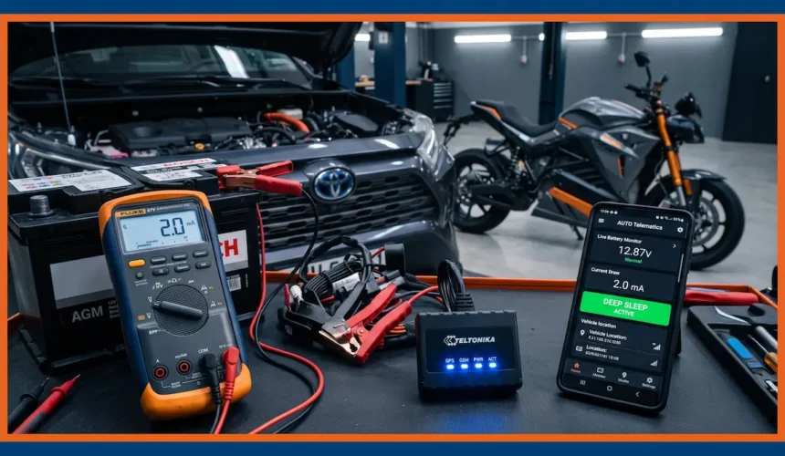 Digital multimeter measuring low parasitic draw with smart GPS tracker and vehicle battery in Pakistan