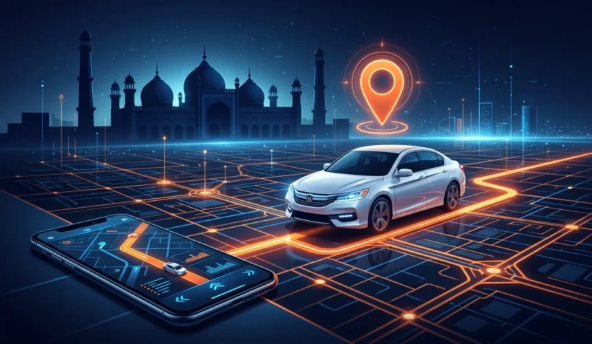 UTrack mobile app displaying live GPS car tracking location on a map of Lahore alongside a secure white vehicle.