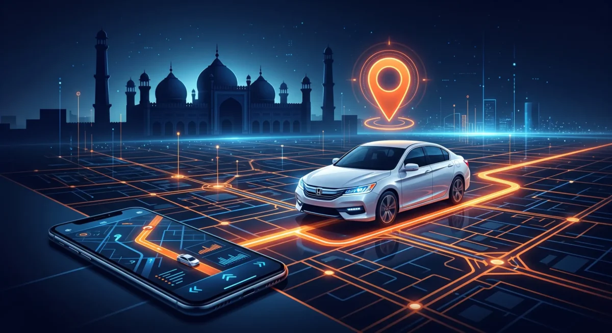 UTrack mobile app displaying live GPS car tracking location on a map of Lahore alongside a secure white vehicle.
