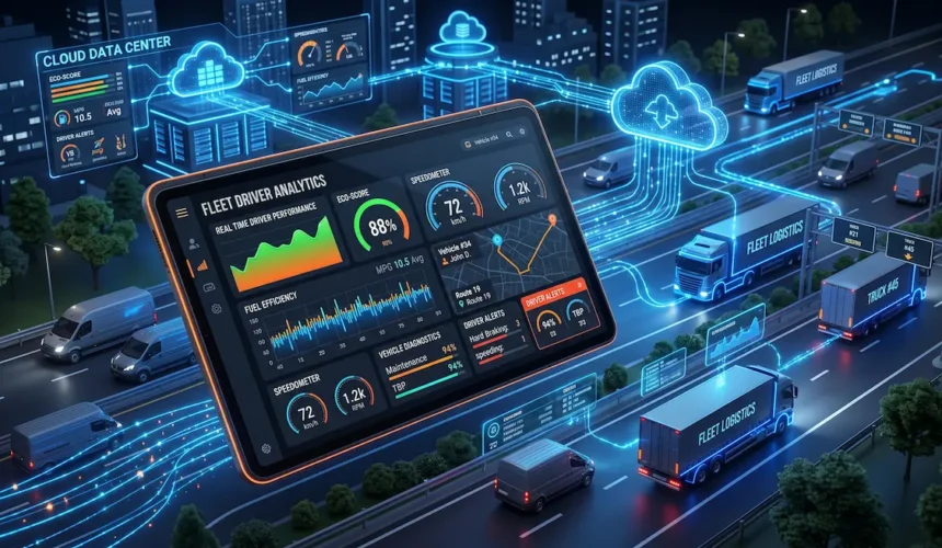 Modern commercial fleet telematics dashboard showing driver behavior analytics, fuel savings, and maintenance data with blue and orange interface accents