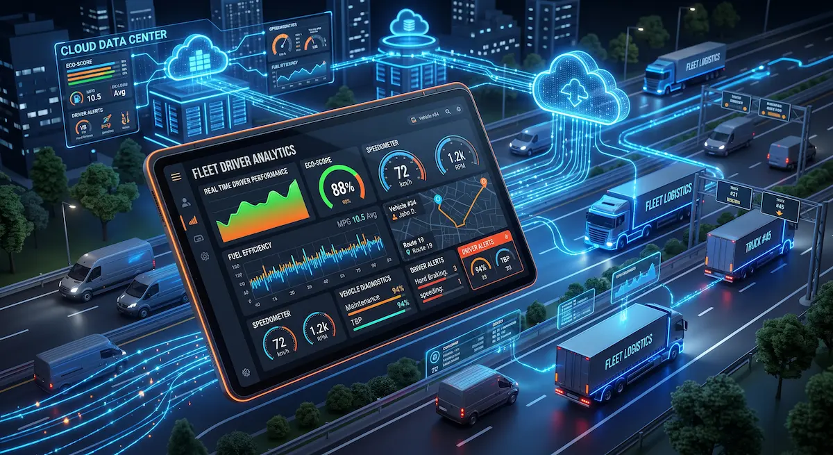 Modern commercial fleet telematics dashboard showing driver behavior analytics, fuel savings, and maintenance data with blue and orange interface accents