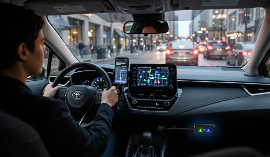 Modern car interior showing real-time GPS fleet tracking screen for Uber, InDrive, and rental cars in Pakistan