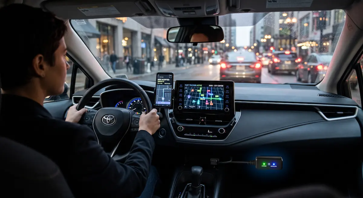 Modern car interior showing real-time GPS fleet tracking screen for Uber, InDrive, and rental cars in Pakistan