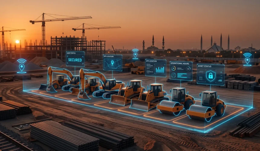 Heavy machinery GPS tracking system securing construction equipment on a remote site in Pakistan