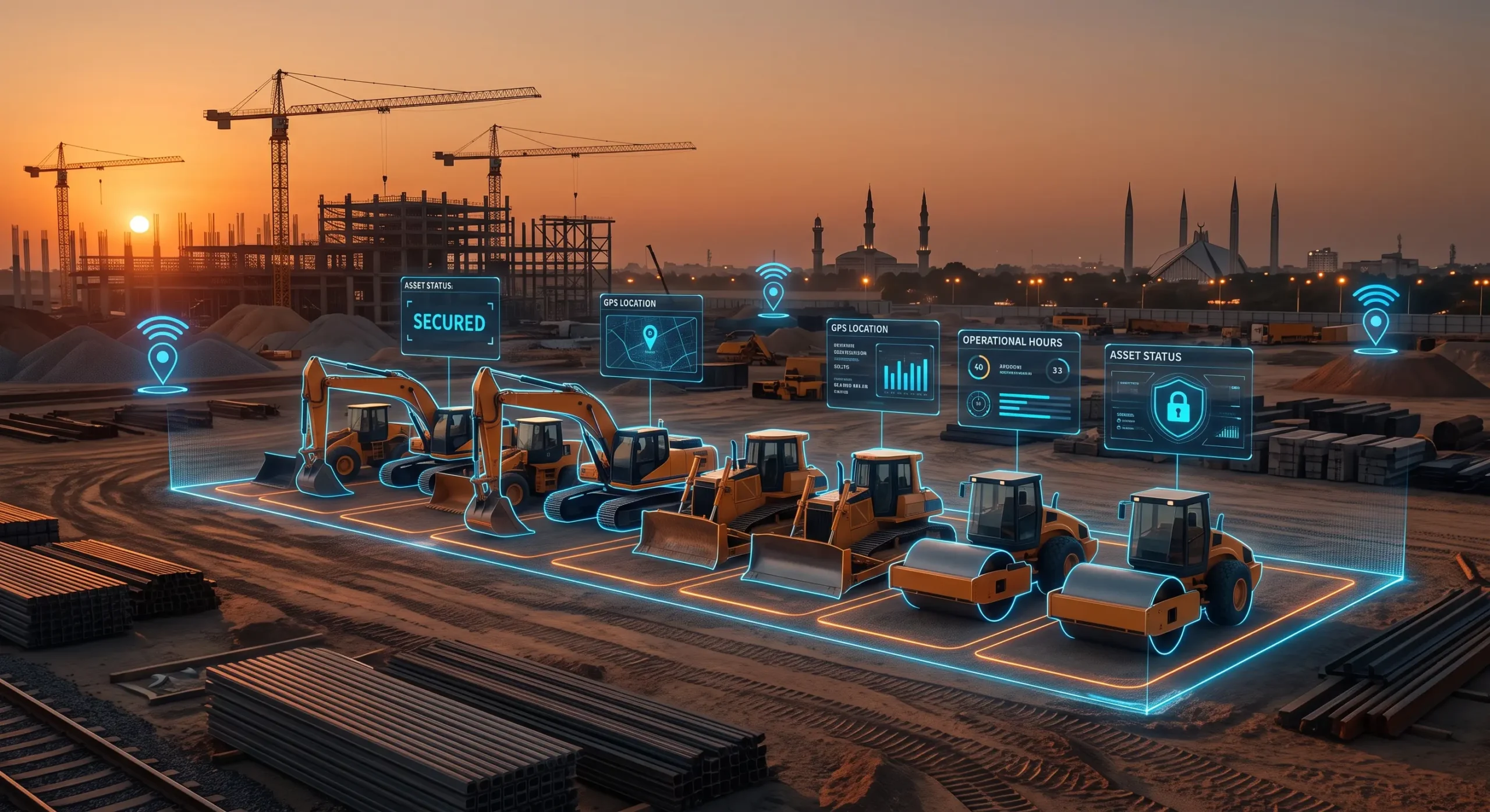 Heavy machinery GPS tracking system securing construction equipment on a remote site in Pakistan