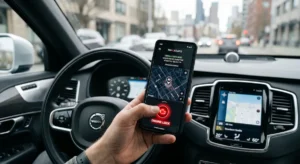 Smartphone displaying the UTrack remote engine kill switch command inside a modern vehicle.