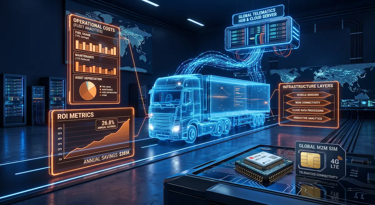 Holographic breakdown of U-Track telematics infrastructure cost in Pakistan, showing fleet operational analytics, cloud servers, and M2M SIM tracking hardware.