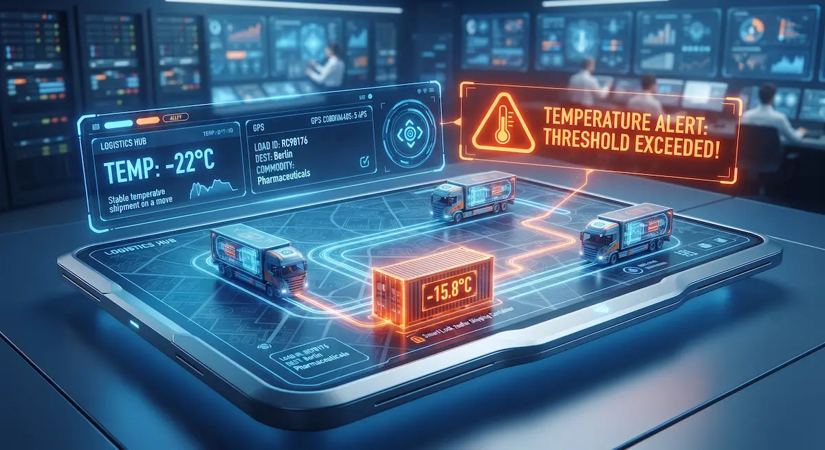 Refrigerated cold chain logistics hub monitoring real-time temperature threshold alerts and pharmaceutical cargo tracking in refrigerated trucks