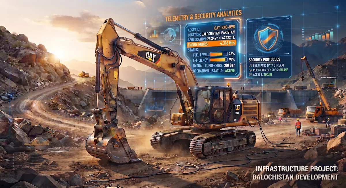 Heavy-duty CAT excavator operating on a Balochistan infrastructure project with U-Track telemetry and security analytics tracking engine hours, hydraulic pressure, and GPS coordinates.