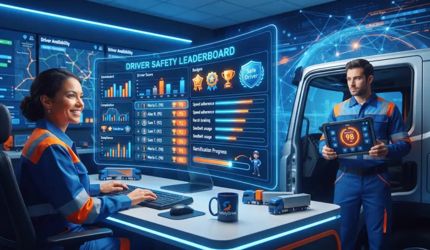 Fleet dispatch operator analyzing a driver safety leaderboard and scorecard dashboard tracking harsh braking, speed adherence, and seatbelt compliance in Pakistan