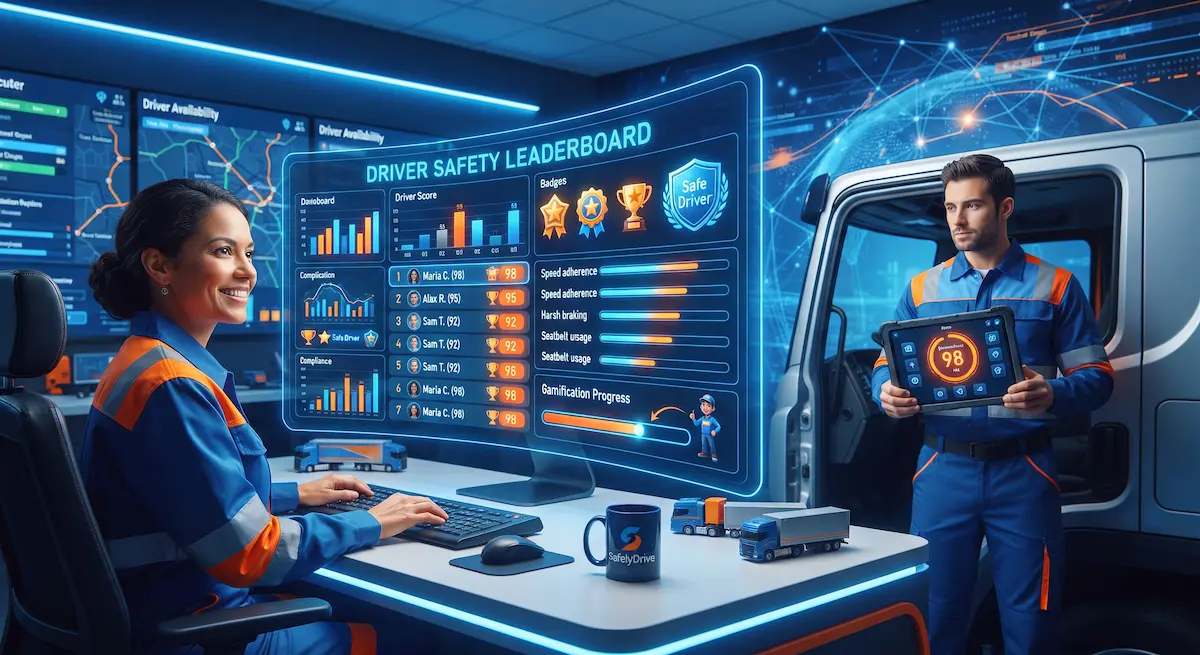 Fleet dispatch operator analyzing a driver safety leaderboard and scorecard dashboard tracking harsh braking, speed adherence, and seatbelt compliance in Pakistan
