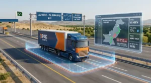 Commercial logistics truck traveling on Lahore-Islamabad M-2 motorway with real-time GPS geofencing, route deviation detection, and fleet tracking software in Pakistan.