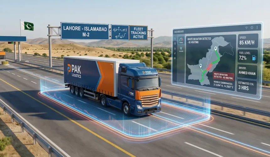 Commercial logistics truck traveling on Lahore-Islamabad M-2 motorway with real-time GPS geofencing, route deviation detection, and fleet tracking software in Pakistan.