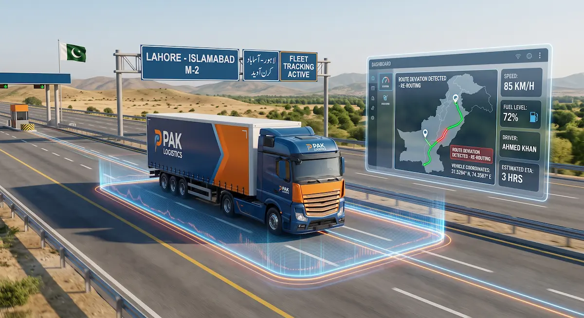 Commercial logistics truck traveling on Lahore-Islamabad M-2 motorway with real-time GPS geofencing, route deviation detection, and fleet tracking software in Pakistan.