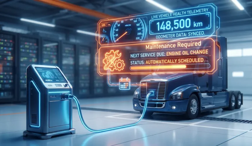 Heavy-duty commercial truck undergoing live telemetry diagnostics with automated maintenance scheduling, odometer syncing, and fleet vehicle health monitoring