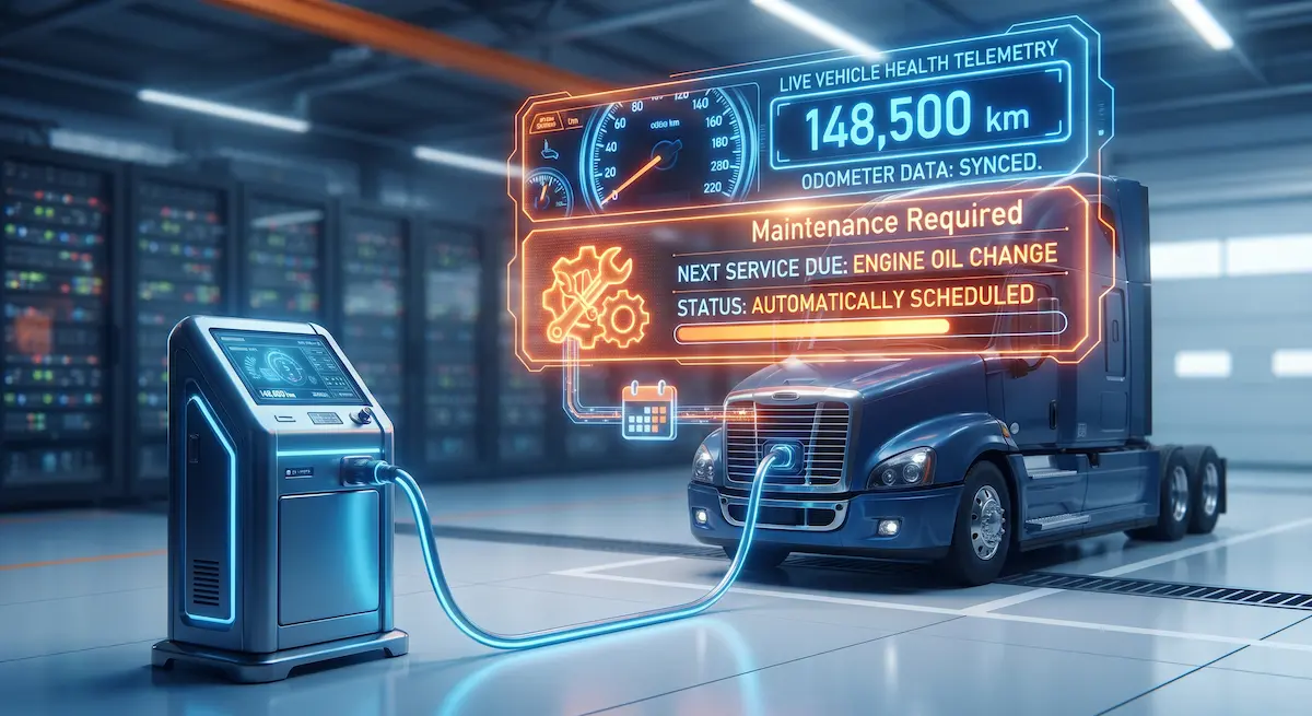 Heavy-duty commercial truck undergoing live telemetry diagnostics with automated maintenance scheduling, odometer syncing, and fleet vehicle health monitoring