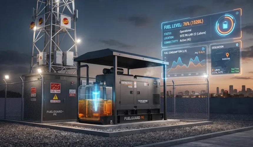 Industrial diesel generator at a telecom tower in Lahore equipped with ultrasonic fuel level sensors and real-time fuel theft monitoring telemetry in Pakistan