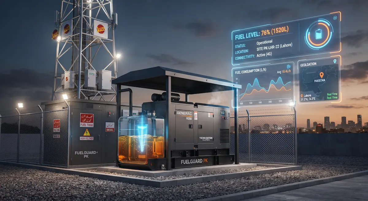 Industrial diesel generator at a telecom tower in Lahore equipped with ultrasonic fuel level sensors and real-time fuel theft monitoring telemetry in Pakistan