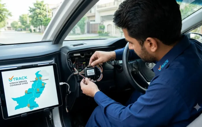 Certified U-Track technician performing a covert, wire-free GPS tracker installation on a vehicle.