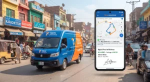 Delivery van navigating a busy street in Pakistan with U-Track last-mile delivery tracking software showing live route navigation, WhatsApp ETA alerts, and digital proof of delivery