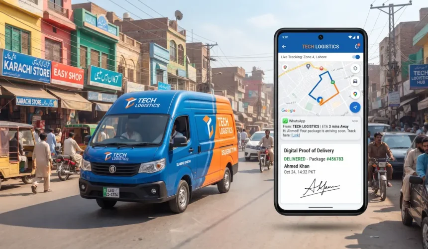 Delivery van navigating a busy street in Pakistan with U-Track last-mile delivery tracking software showing live route navigation, WhatsApp ETA alerts, and digital proof of delivery