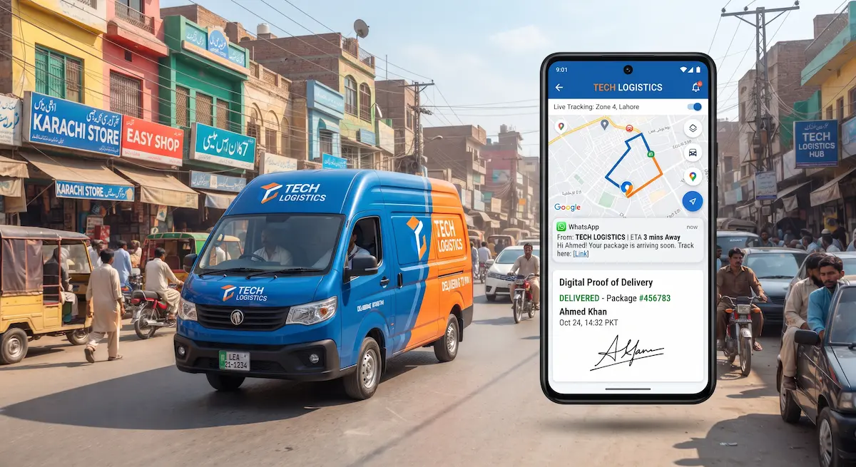 Delivery van navigating a busy street in Pakistan with U-Track last-mile delivery tracking software showing live route navigation, WhatsApp ETA alerts, and digital proof of delivery