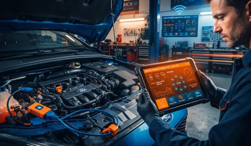 Auto technician running live engine diagnostics with an OBD-II scanner tablet showing real-time telematics data, fault codes, and vehicle battery voltage in an auto workshop
