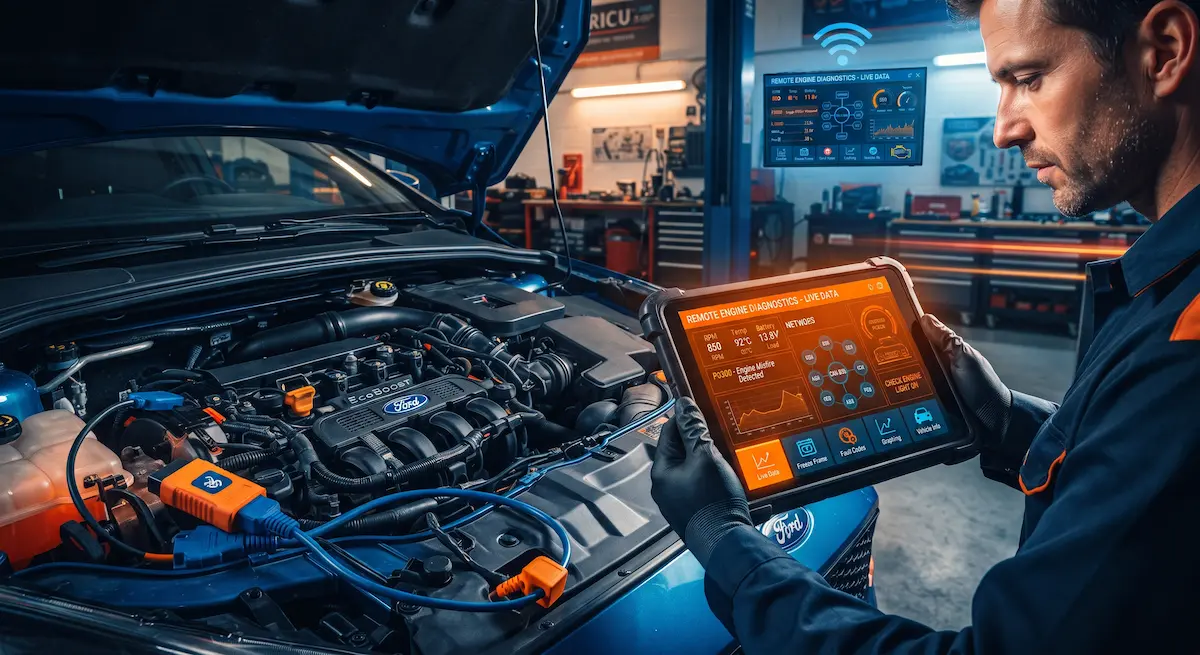 Auto technician running live engine diagnostics with an OBD-II scanner tablet showing real-time telematics data, fault codes, and vehicle battery voltage in an auto workshop